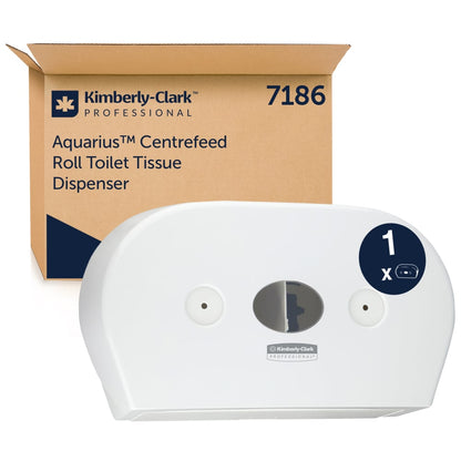 A white Aquarius™ toilet paper dispenser - central pull / Jumbo by Kimberly-Clark GmbH is presented in front of its brown branded packaging - ideal for high-traffic washrooms using jumbo rolls.