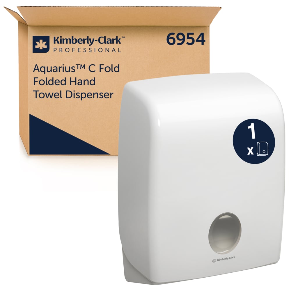 A white Aquarius™ dispenser for folded towels - C-fold from Kimberly-Clark GmbH is shown in front of its brown box labeled with the product name and number 6954.