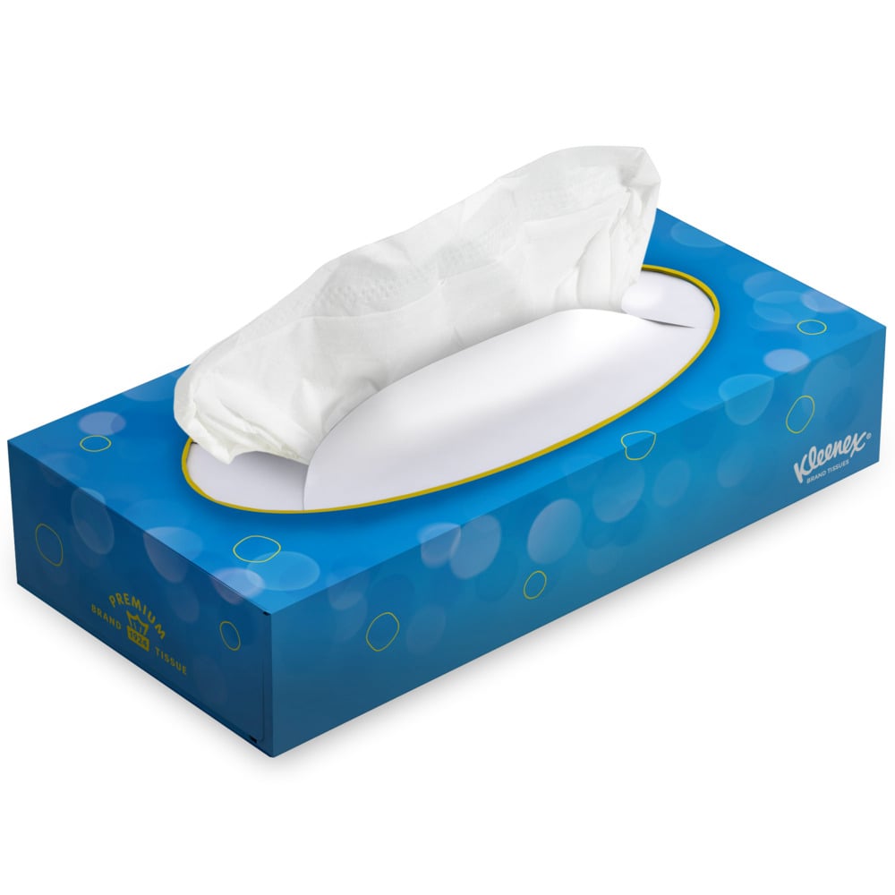 A rectangular blue box with Kleenex® facial tissues - Standard / White from Kimberly-Clark GmbH, with a tissue being pulled from the top oval opening. The box has a bubble pattern and a Kleenex logo - ideal for facial cleansing or makeup removal.