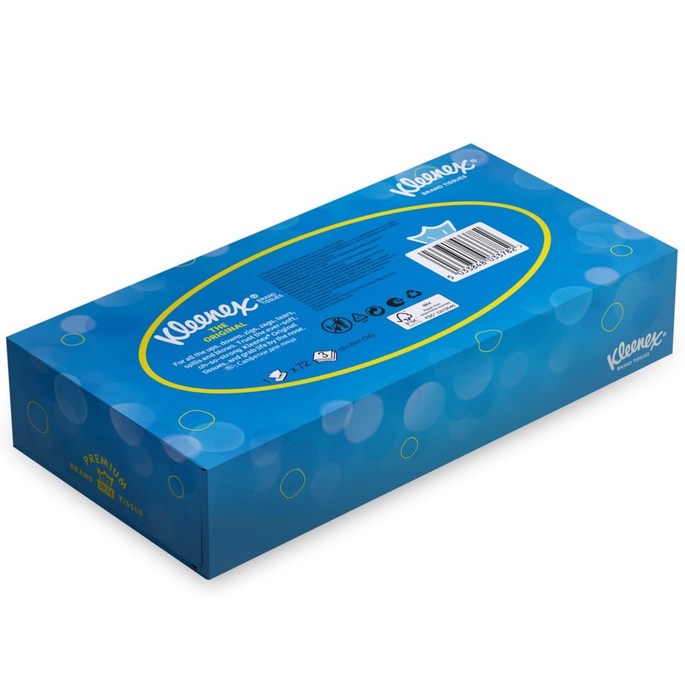 A rectangular blue box of Kleenex® facial tissues - Standard / White from Kimberly-Clark GmbH shows the back with product information, barcode, and branding. Its pattern of light blue circles and yellow outlines is ideal for facial cleansing.