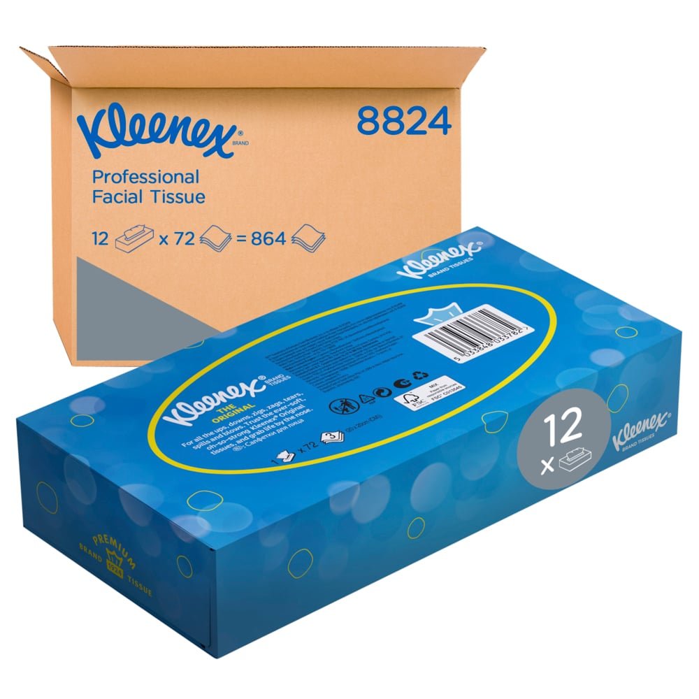 A white box of Kleenex® facial tissues - Standard from Kimberly-Clark GmbH is shown with a "12 x" label in front of a brown box labeled "Kleenex Professional Facial Tissue 8824, 12 x 72 = 864".