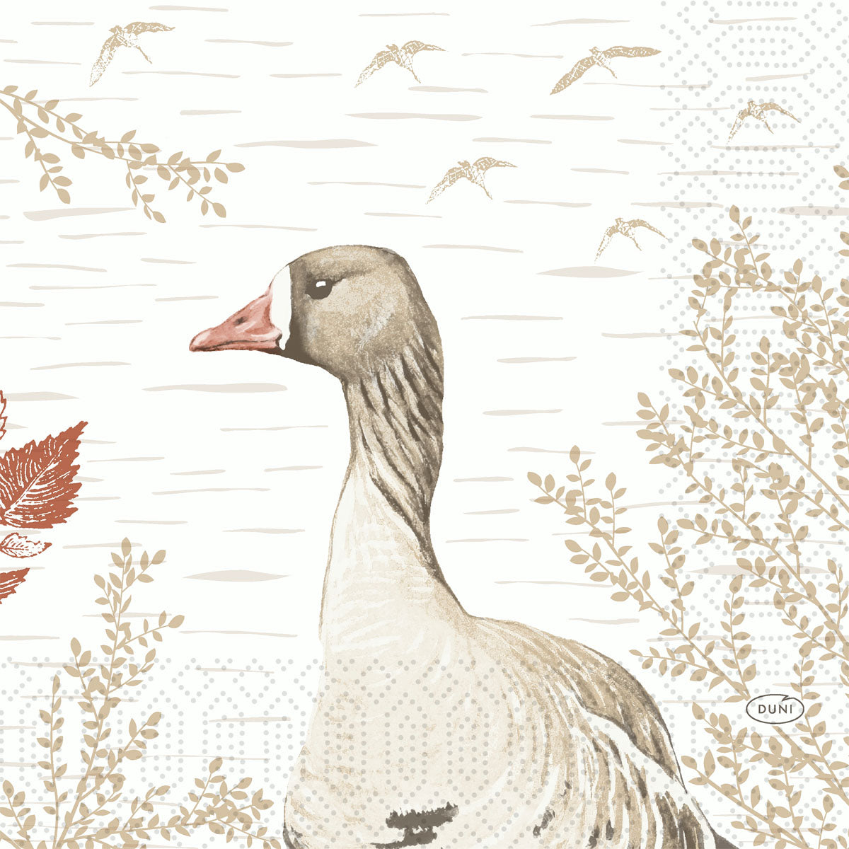 Die "Zellt.-Servietten 33x33 cm, 3-lagig, Holz & Gans" von Duni GmbH zeigen eine anmutige Gans zwischen beigen Blättern und fliegenden Vögeln und bringen Eleganz und Umweltfreundlichkeit auf Ihren Tisch. Die Packung enthält 50 Servietten.