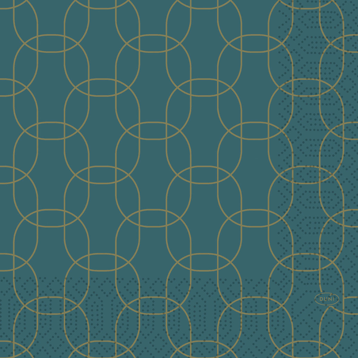Die Servietten 33x33 cm, 3-lagig, Golden Deco von Duni GmbH haben einen tealfarbenen Hintergrund mit überlappenden goldenen Kreisen und Ovalen, gepunktete Akzente unten rechts und einen kleinen "DUNI"-Schriftzug - ideal für festliche Anlässe. Packung (50 Stück).