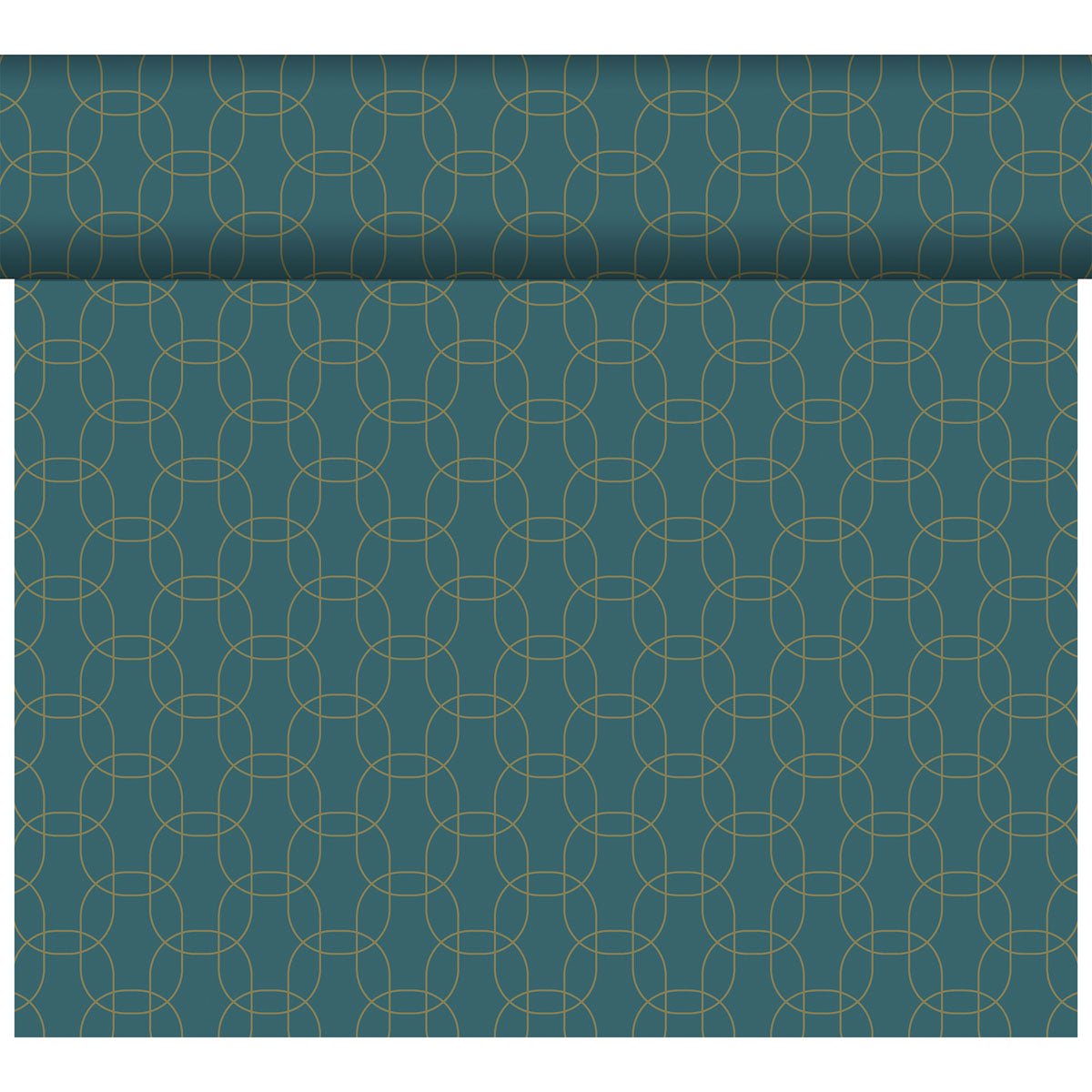 The DC-Tete a Tete 0.4x24m by Duni GmbH is a teal wallpaper roll with a modern design featuring repeating geometric patterns of thin, intersecting golden lines forming curved shapes.