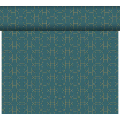 The DC-Tete a Tete 0.4x24m by Duni GmbH is a teal wallpaper roll with a modern design featuring repeating geometric patterns of thin, intersecting golden lines forming curved shapes.