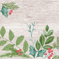 Watercolor Winter Greenery Design with green holly, fir leaves, and red berries in the corners on a light wooden background. The center is empty. Ideal for napkins 40x40 4-ply Classic Winter Greenery by Duni GmbH, pack (50 pieces).