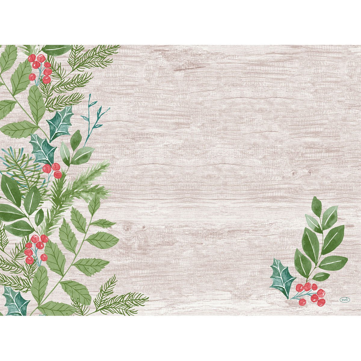 A bright, wood-textured background with wintry greenery - green leaves and red berries - in the corners, leaving the center largely free. Perfect for Duni GmbH paper placemats 30x40cm Winter Greenery | Pack (250 pieces).