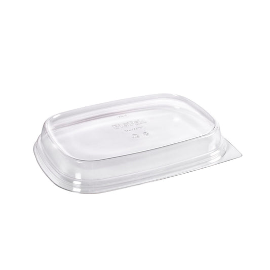 Der Duni GmbH rPET Deckel Cube 800/1200/400/500 ml Transparent (258x179x35) ist auf dem Kopf stehend auf weißem Hintergrund abgebildet, mit erhabenen Kanten und geprägtem Text in der Mitte, was seine Verwendung in nachhaltigen Verpackungen hervorhebt.