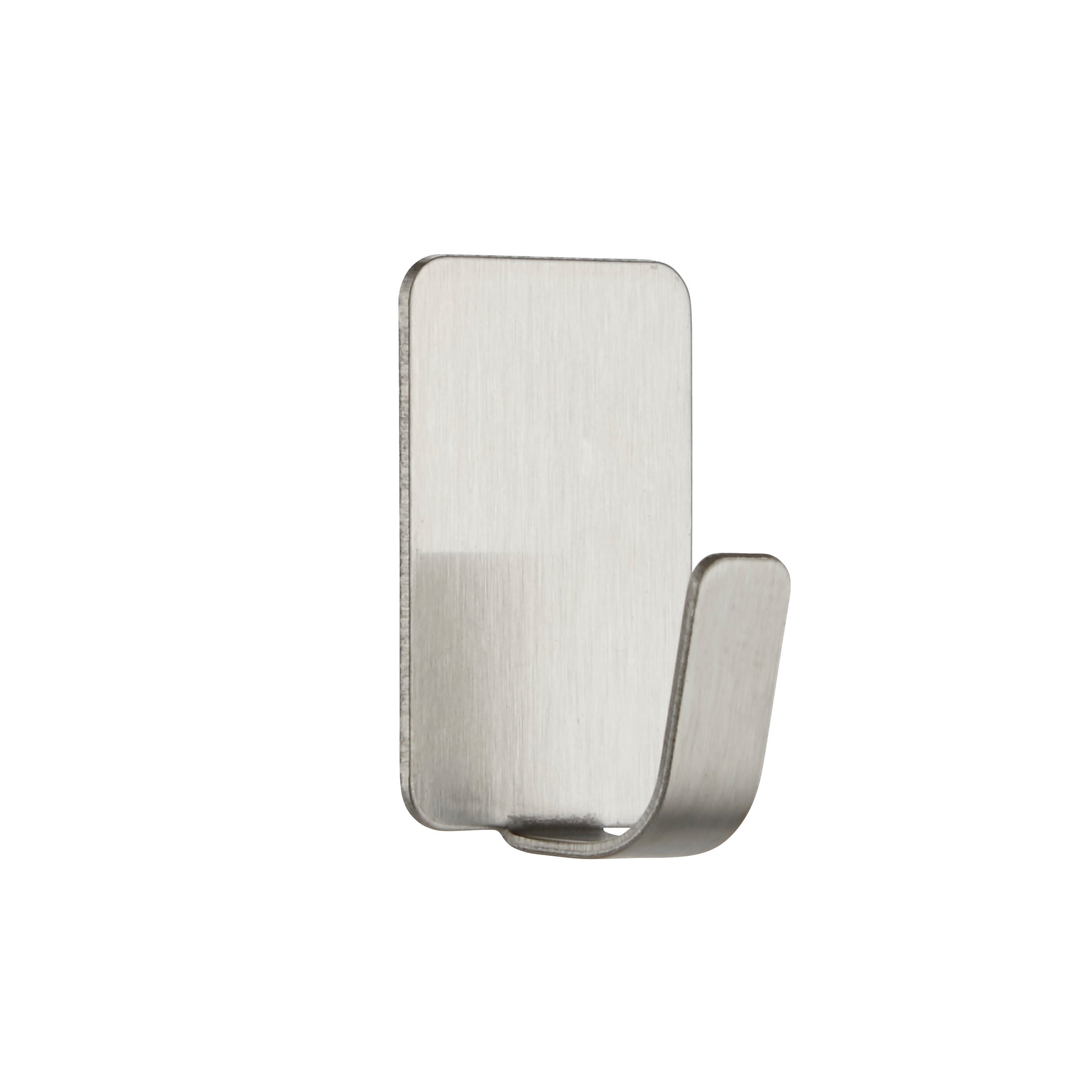 Der Command™ Edelstahl-Metallhaken Größe S (17031SS-4ES) von 3M Deutschland GmbH ist ein einzelner silberner Wandhaken mit einer rechteckigen Rückenplatte und einem gebogenen Haken, isoliert auf weißem Hintergrund dargestellt. Die Packung enthält 4 Haken und 5 Strips.