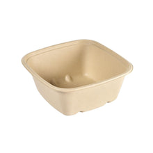 A simple, square Cube Bowl 1200 ml (181x181x73 mm), uncoated brown bagasse by Duni GmbH, with slightly rounded edges and a textured surface, photographed on white. Environmentally friendly - ideal for sustainable food storage. Package: 40 pieces.
