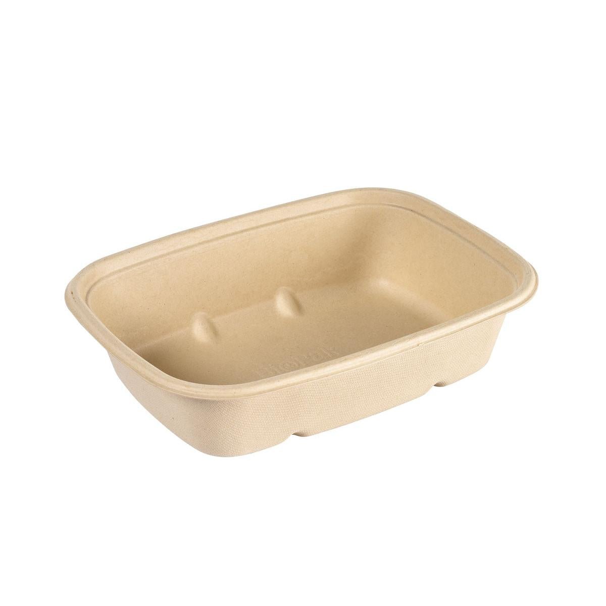 The rectangular Cube Bowl 900 ml made of uncoated brown bagasse (214x159x54) by Duni GmbH, with rounded corners and elevated inner recesses, is an environmentally friendly disposable bowl and is shown empty against a white background.