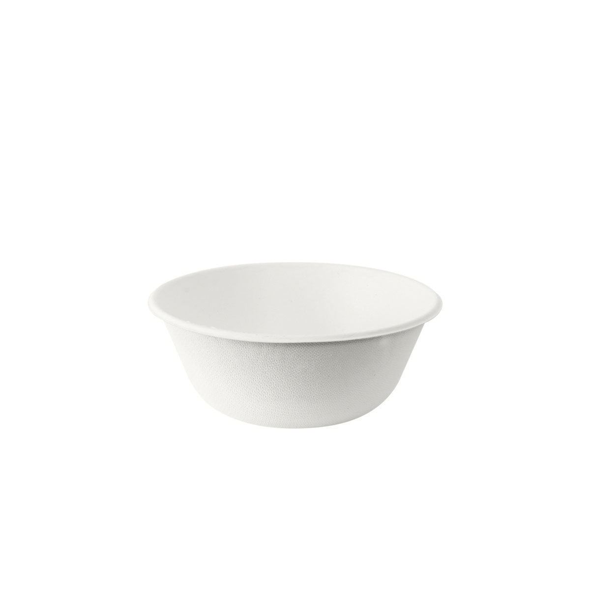 Ein schlichter, weißer Coppa Bowl 500 ml (140x140x57 mm) von Duni GmbH steht mittig auf einem weißen Hintergrund. Diese umweltfreundliche Einwegschale (50er-Packung) aus unbeschichteter Bagasse hat eine glatte Textur ohne sichtbare Markierungen oder Muster.
