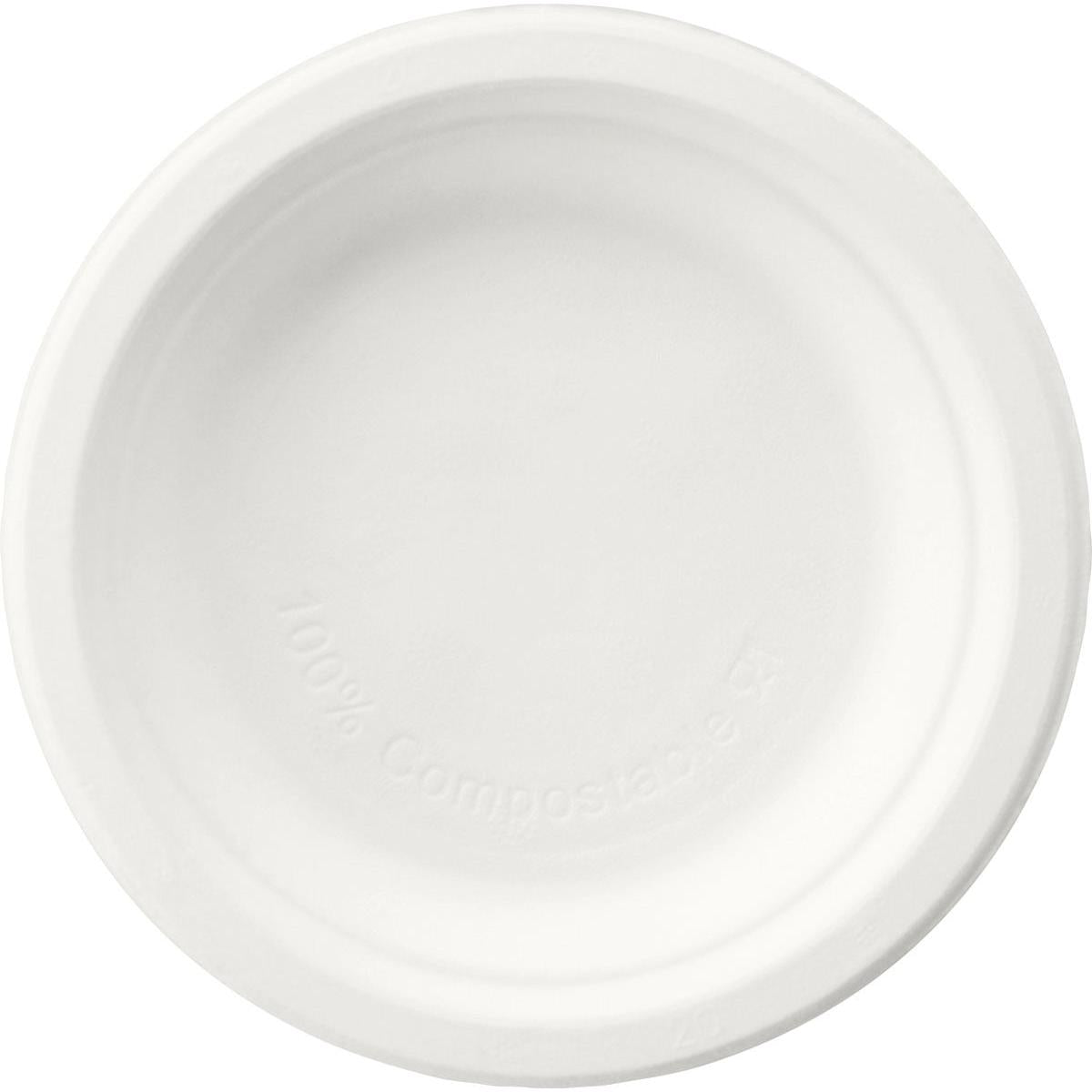 A round, white Duni GmbH plate ø 15 cm made of bagasse (uncoated) is shown from above on a white background. The disposable plate is biodegradable, has curved edges, and "100% compostable" is embossed inside. Package: 125 pieces.