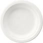A round, white Duni GmbH plate ø 15 cm made of bagasse (uncoated) is shown from above on a white background. The disposable plate is biodegradable, has curved edges, and "100% compostable" is embossed inside. Package: 125 pieces.