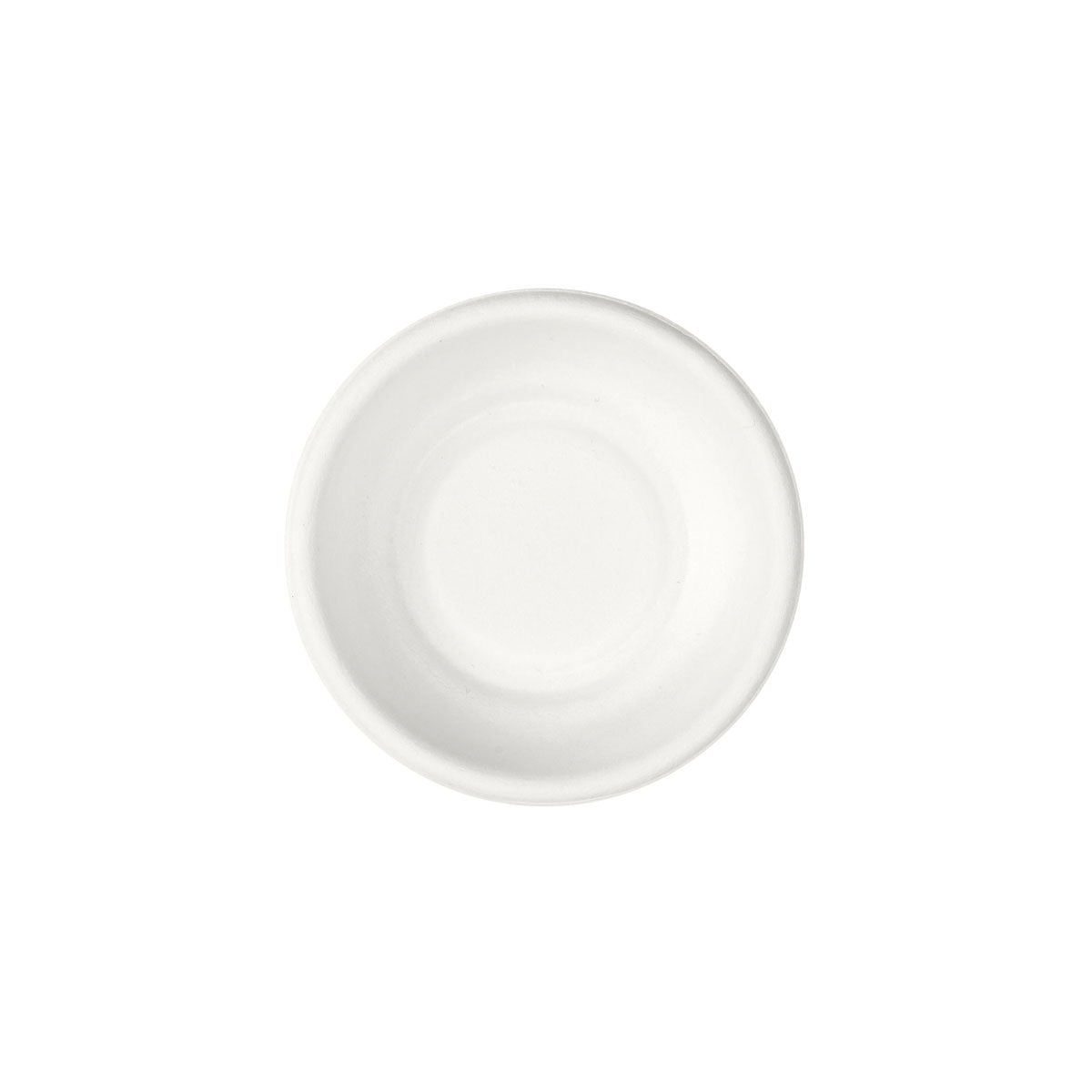 A round, uncoated white bagasse dessert plate (Demo plate round ø 77 mm) from Duni GmbH, viewed from above on a white background. Package: 120 pieces.