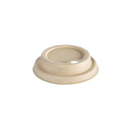 The "Bagasse Coffee to Go Lid for all cups microwaveable" by Duni GmbH is a beige, environmentally friendly disposable cup lid with a raised center, small drinking hole, and embossed caution, depicted on a white background.
