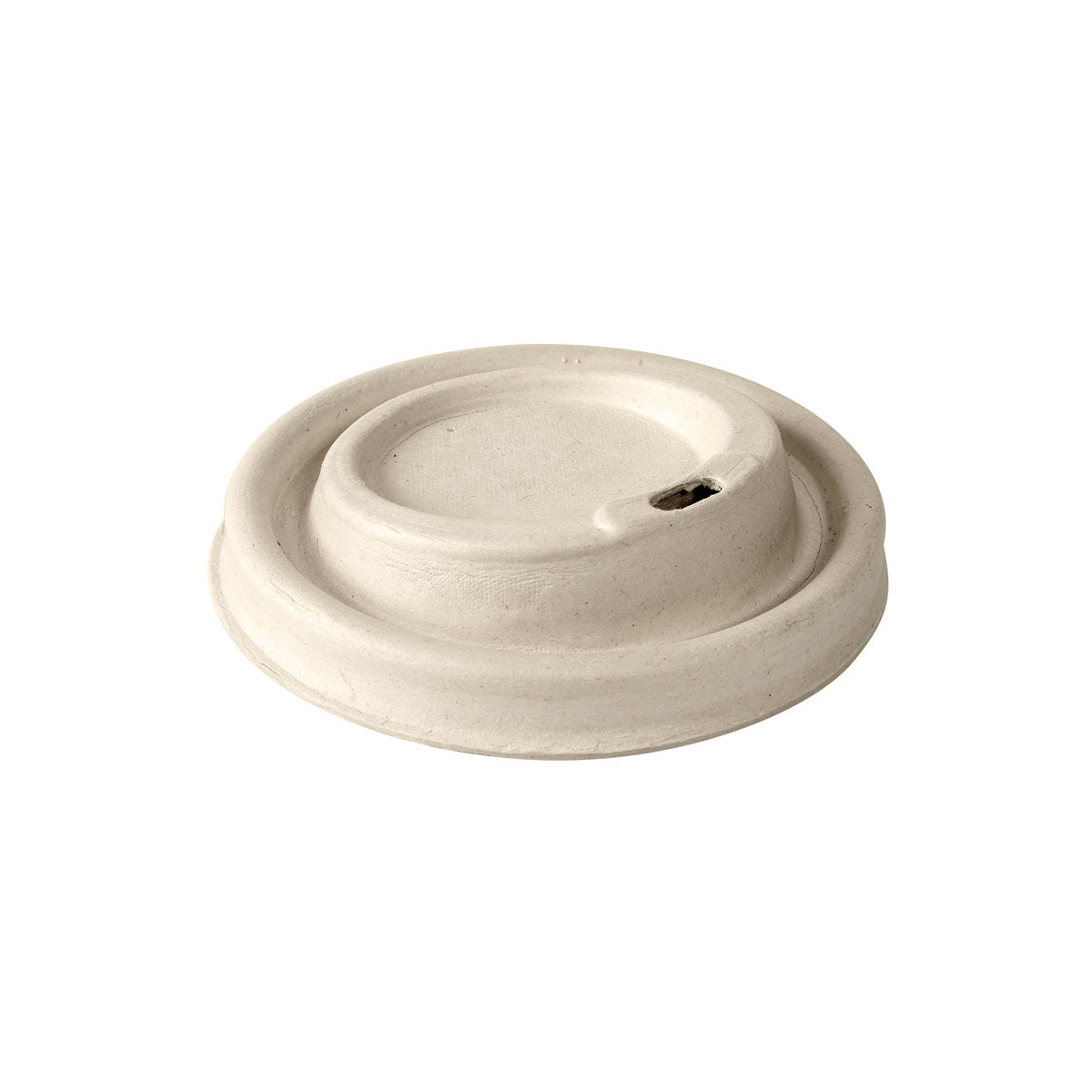 The Duni GmbH Bagasse Coffee to Go Lid for all cups microwaveable is a beige, biodegradable lid with a small oval drinking hole and raised edge, depicted on a white background.