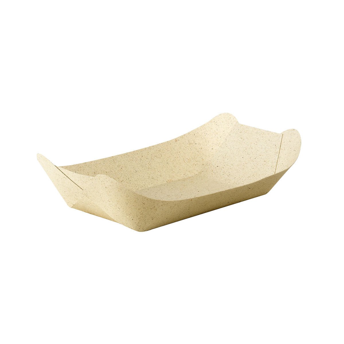 The Bloom Tray Medium by Duni GmbH is an uncoated natural grass paper food tray (230x140x60 mm), environmentally friendly with slightly raised edges, as a pack of 500 pieces. Pictured on a white background.