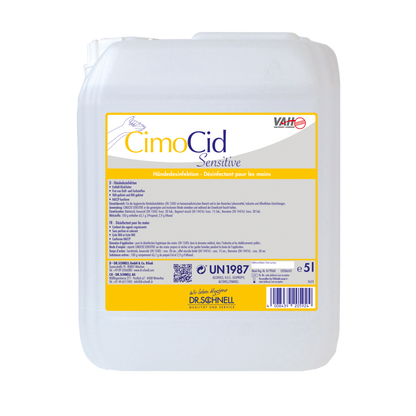 Der weiße 5L Kunststoffbehälter der Dr. Schnell CIMOCID SENSITIVE Händedesinfektion der DR.SCHNELL GmbH & Co. KGaA mit gelbem Etikett bietet sanften Hautschutz und wirksame Keimreduzierung mit mehrsprachigen Anwendungs- und Sicherheitshinweisen.
