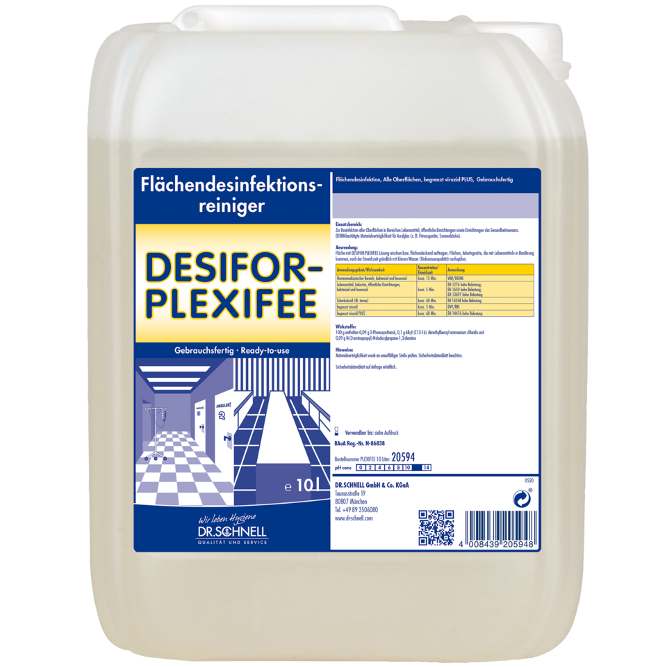 A 10-liter plastic container of DR.SCHNELL Desifor PlexiFee Surface Disinfectant, limited virucidal PLUS, with a blue-white label containing product information, application instructions, and safety warnings.