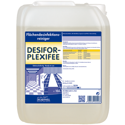 A 10-liter plastic container of DR.SCHNELL Desifor PlexiFee Surface Disinfectant, limited virucidal PLUS, with a blue-white label containing product information, application instructions, and safety warnings.
