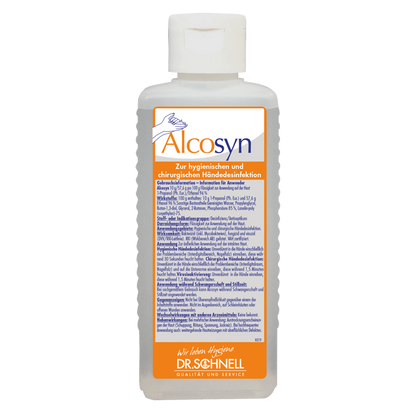 Die durchsichtige Kunststoffflasche der Dr. Schnell ALCOSYN Händedesinfektion der DR.SCHNELL GmbH & Co. KGaA mit weißem Verschluss und deutschem Etikett mit Produktinformation, Gebrauchsanweisung und Logo zur schonenden Händedesinfektion.