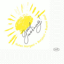 Die Duni GmbH Zellt.-Servietten 24x24 cm, 3-lagig, Love Mornings (Packung 250 Servietten) zeigen eine gelbe handgezeichnete Sonne, "Guten Morgen!" in Schreibschrift und Grüße in Deutsch, Französisch und Spanisch - ideal für einen fröhlichen Frühstückstisch.
