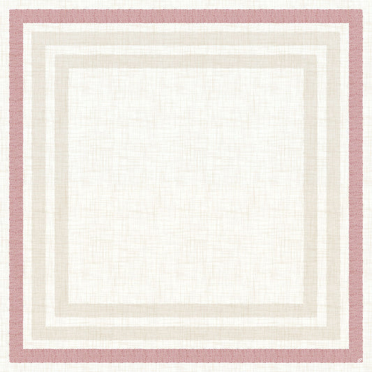 Die Dunicel Mitteldecke 84x84 cm Rigato bordeaux von Duni GmbH hat eine weiße Mitte, hellbeige und hellgraue Ränder und einen äußeren staubrosa Rand Rigato bordeaux 60116 auf einem strukturierten Hintergrund. Packung mit 100 Stück.