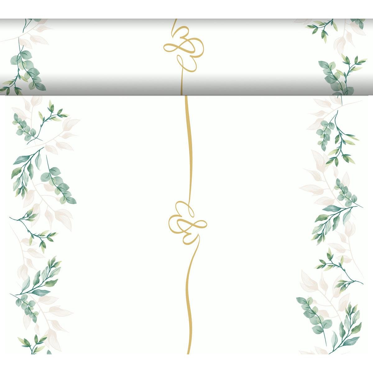 A white, rectangular cloth from Duni GmbH, bordered with green and beige leaf branches and a golden line, features in its design Love Hearts - DC-Tete a Tete (0.4x24m) - making it a charming table decoration for any occasion.