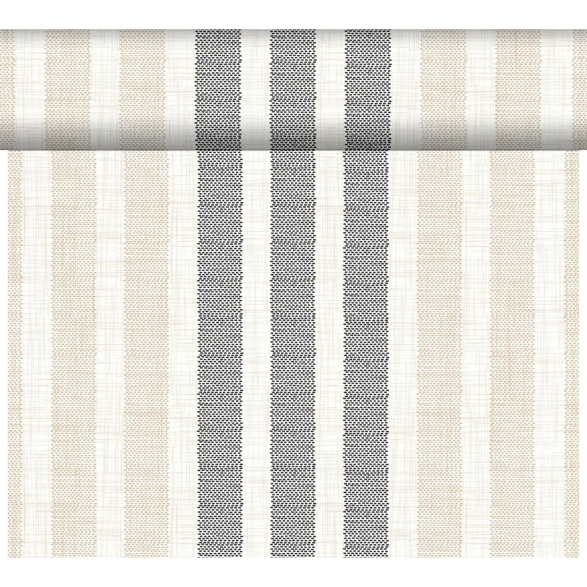The DC-Tete a Tete 0.4x24m Rigato black from Duni GmbH is characterized by elegant vertical stripes in black, beige, and off-white with varying widths and visible weave - perfect for modern table decoration at events. Package (1 piece), partially unrolled.