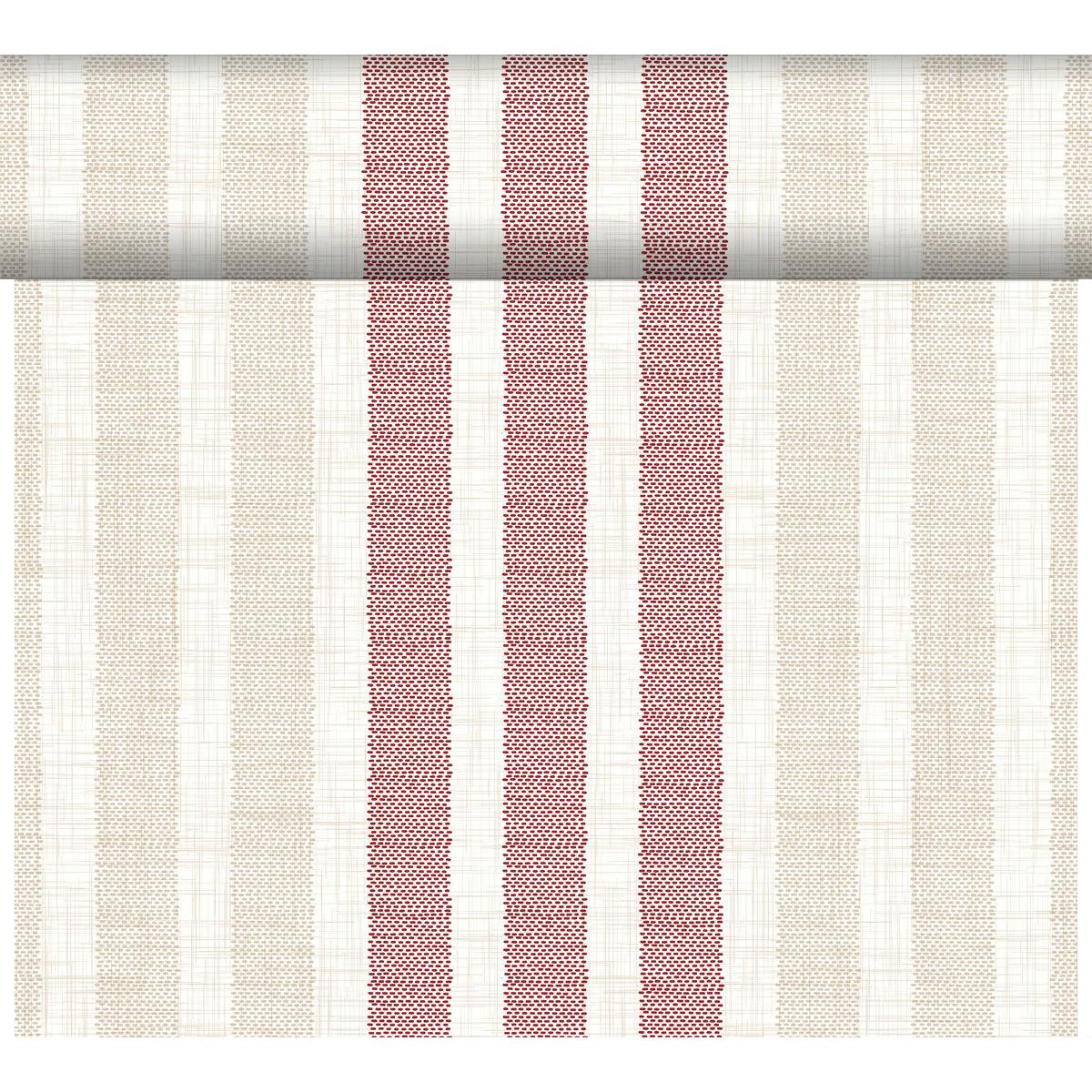 DC-Tete a Tete 0.4x24m Rigato bordeaux by Duni GmbH features elegant beige and red stripes in various widths on a cream-colored background - perfect for stylish table decorations or sewing projects. The package contains 1 roll.
