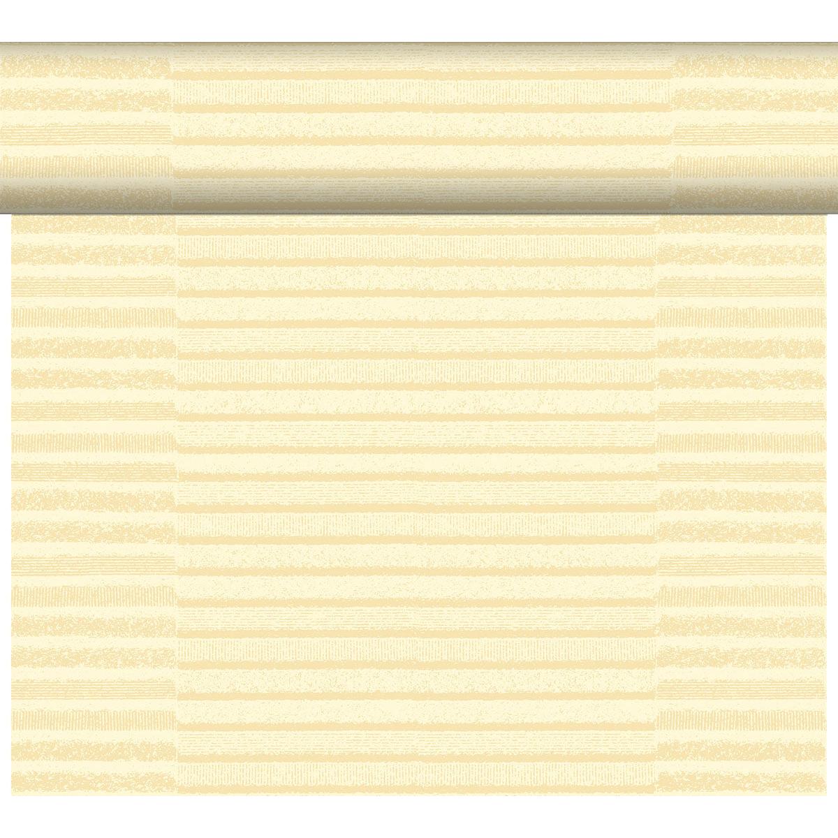 A partially unrolled roll of the DC-Tete a Tete 0.4x24m Tessuto cream from Duni GmbH showcases its light yellow, subtly striped texture that creates an elegant, soft layered look reminiscent of high-quality fabric - a stylish table decor in a package.