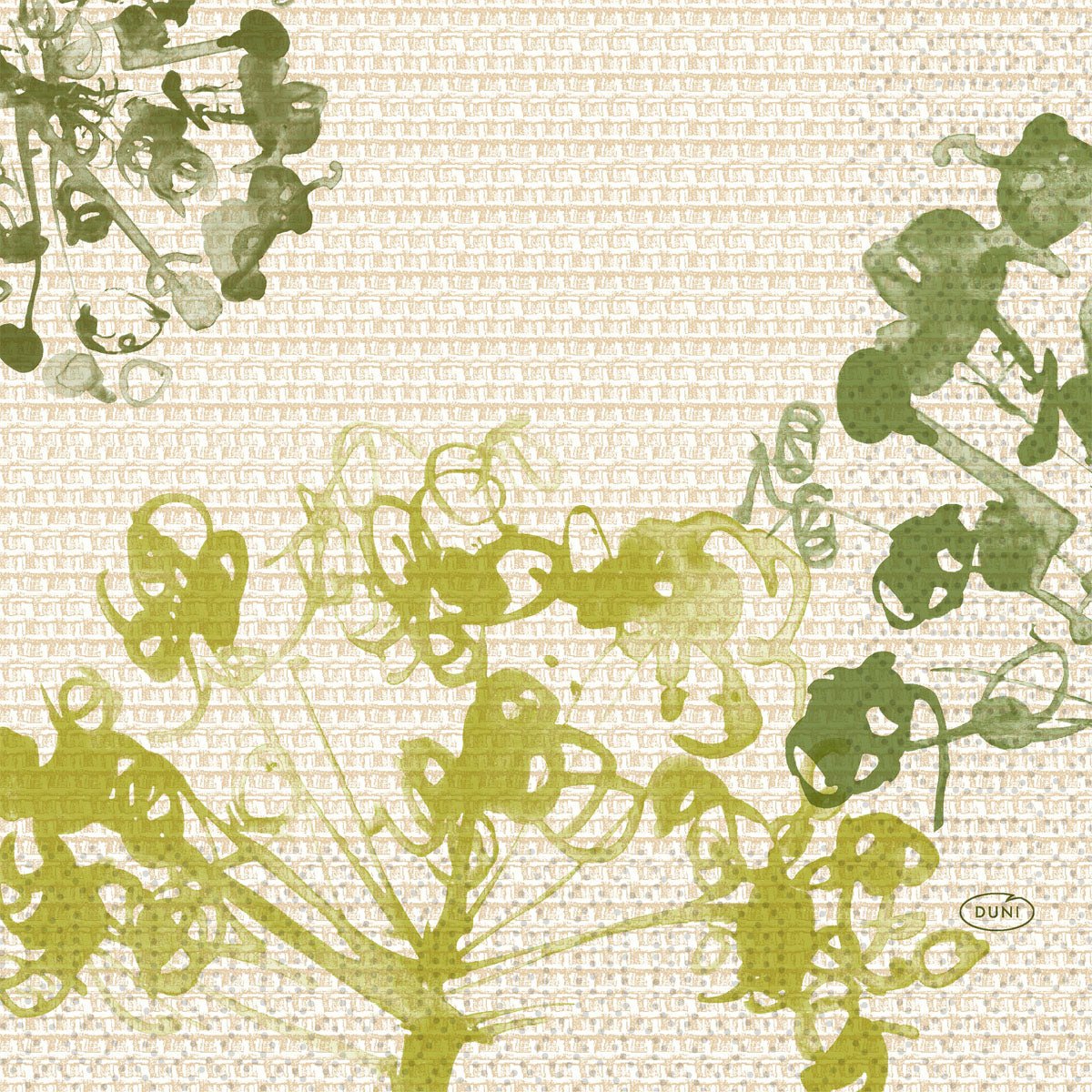 Abstract botanical illustration with green and yellow shapes on a beige, textured, geometric background - depicted on napkins 33 3-ply 1/4 Green Umbles (250 napkins) by Duni GmbH. "DUNE" appears in a small oval at the bottom right.