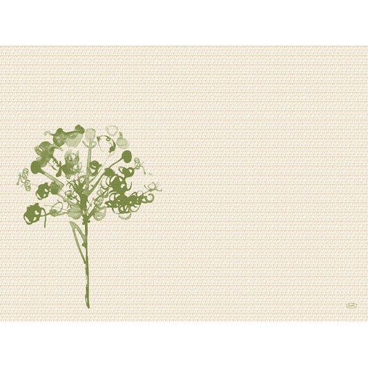 Eine minimalistische grüne Blume, inspiriert von den Bio-Dunicel-Sets 30x40 cm, grün (100 Stück) der Duni GmbH, mit abstrakten Details auf der linken Seite eines beigefarbenen, strukturierten Hintergrunds und großzügigem Leerraum auf der rechten Seite.