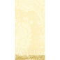 The Zellt.-Serv.40x40 3-ply 1/8 Royal cream paper napkins from Duni GmbH are characterized by a light yellow, floral damask pattern with golden details, large leaves and blossoms, and a textured, elegant surface. The package contains 250 napkins.