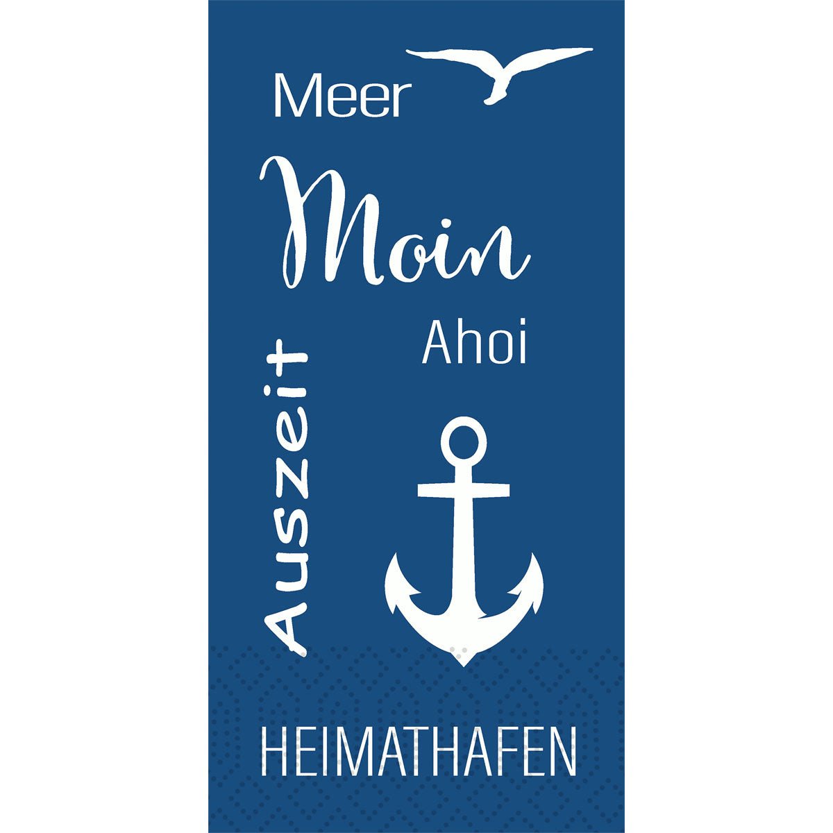 The Duni GmbH Cell.-Napkins 33 cm 2-ply 1/8-fold Meer Freude Napkins (pack of 300 pieces) feature blue maritime designs with German words like "Meer", "Moin" and white anchors - ideal for your sea-themed party!.