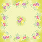 A square 84x84 cm frame from Duni GmbH with a pale yellow-green background, pink, purple, and yellow flowers in watercolor style, as well as green leaves in the corners and in the middle. Empty center. Ideal for Dunisilk MD 84x84cm Soft Tropics 20P. | Pack (20 pieces).
