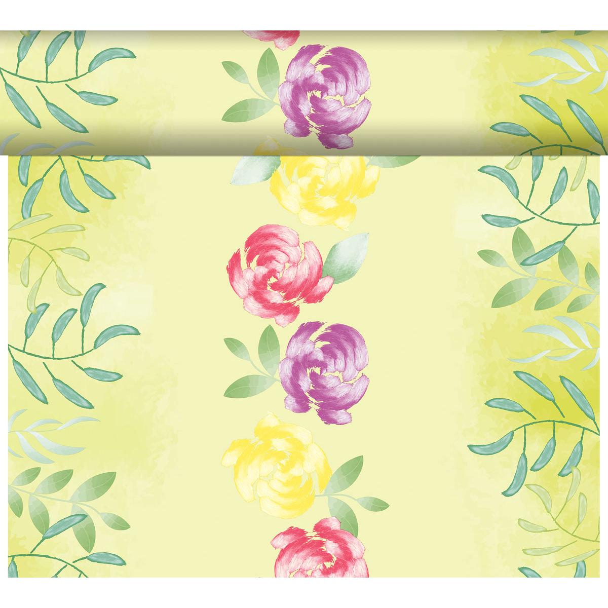 The DC-Tete a Tete 0.4x24m by Duni GmbH showcases pink, yellow, and purple watercolor-style flowers on a light yellow background with green branches, bringing modern design to your space - like a garden set for your walls.