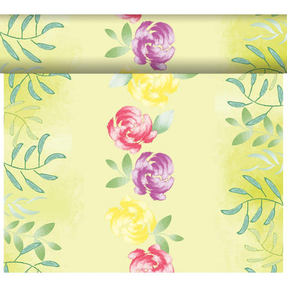 The DC-Tete a Tete 0.4x24m by Duni GmbH showcases pink, yellow, and purple watercolor-style flowers on a light yellow background with green branches, bringing modern design to your space - like a garden set for your walls.