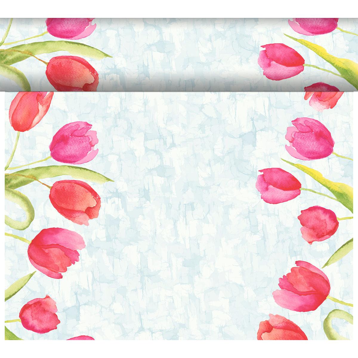 A watercolor-like border with pink and red tulips, green leaves, and a textured blue background frames an open center - perfect for showcasing your Duni GmbH DC-Tete a Tete 0.4x24m.