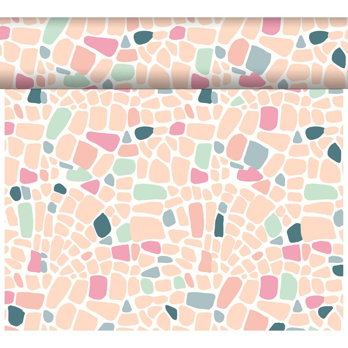 A roll of DC-Tete a Tete 0.4x24m by Duni GmbH features a weather-resistant, modern abstract mosaic pattern in pastel pink, peach, teal, mint green, and cream with white edges and irregular shapes.