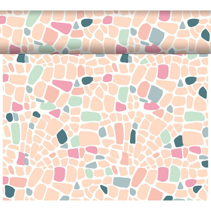 A roll of DC-Tete a Tete 0.4x24m by Duni GmbH features a weather-resistant, modern abstract mosaic pattern in pastel pink, peach, teal, mint green, and cream with white edges and irregular shapes.