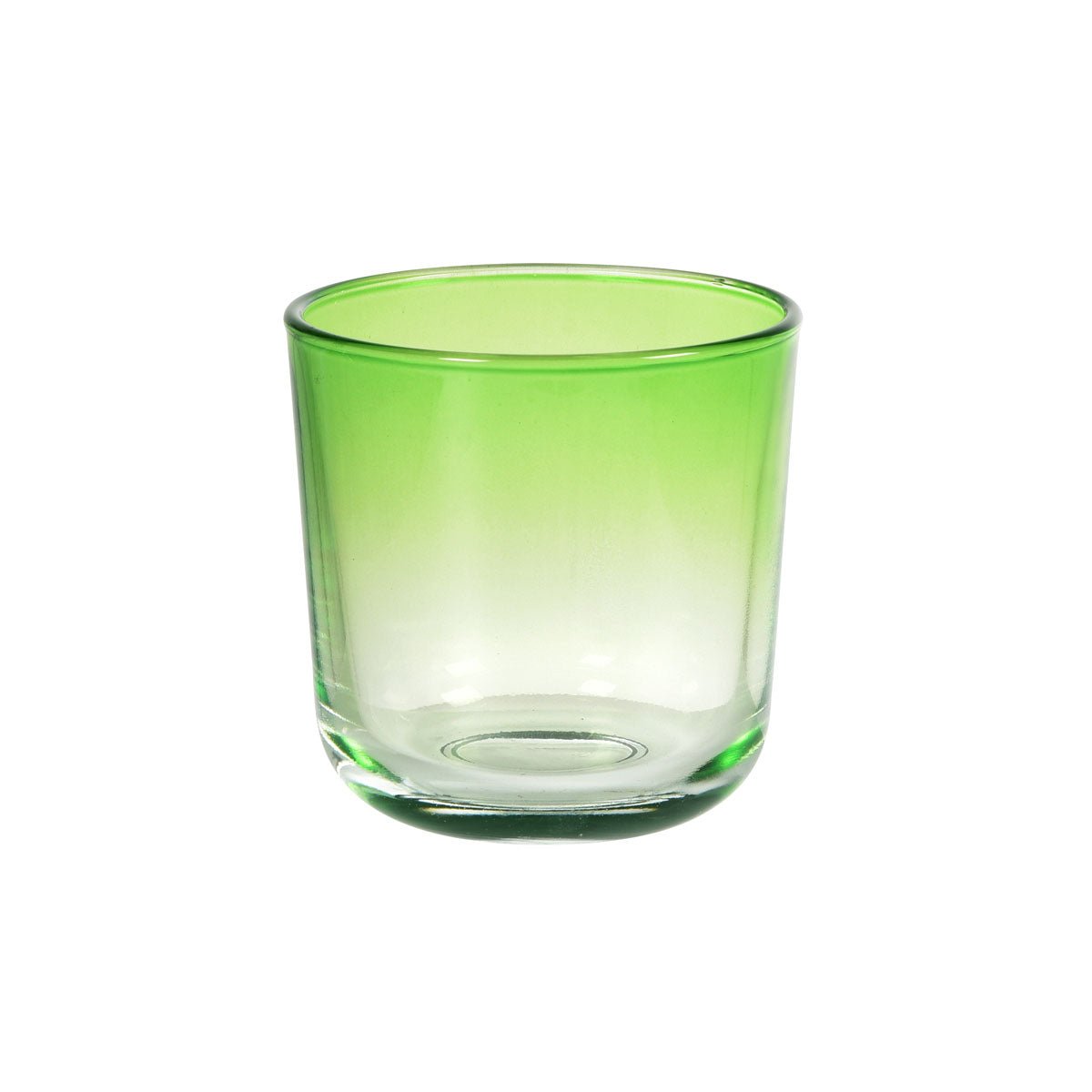 The Switch & Shine candle holder made of glass by Duni GmbH, leaf green, 81x72.5 mm (1 piece), has green glass at the top that becomes clear towards the bottom and is pictured against a plain white background.