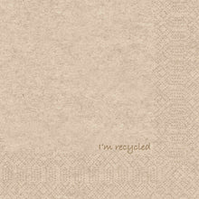 Zellt.Serv.33x33 2-ply 1/4 I'm recycled paper napkins from Duni GmbH are beige napkins with a subtle border on the right and bottom edge and the inscription "I'm recycled" in light brown font in the lower right corner. Package: 300 napkins.