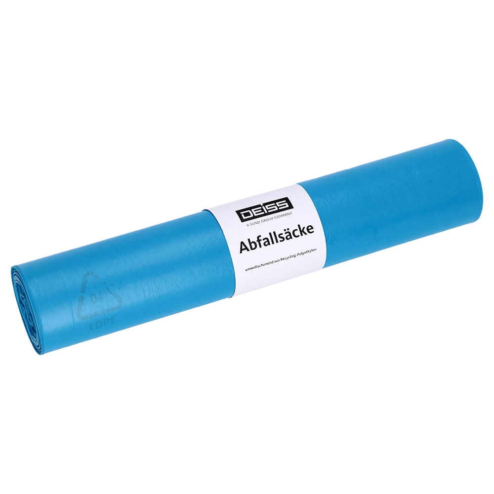 Eine Rolle EMIL DEISS KG (GmbH + Co.) 20713 Abfallsäcke 575x1000 mm Typ 60 blau, Packung mit 25 Stück, mit weißem Label auf weißem Hintergrund - ideal für Abfallentsorgung.