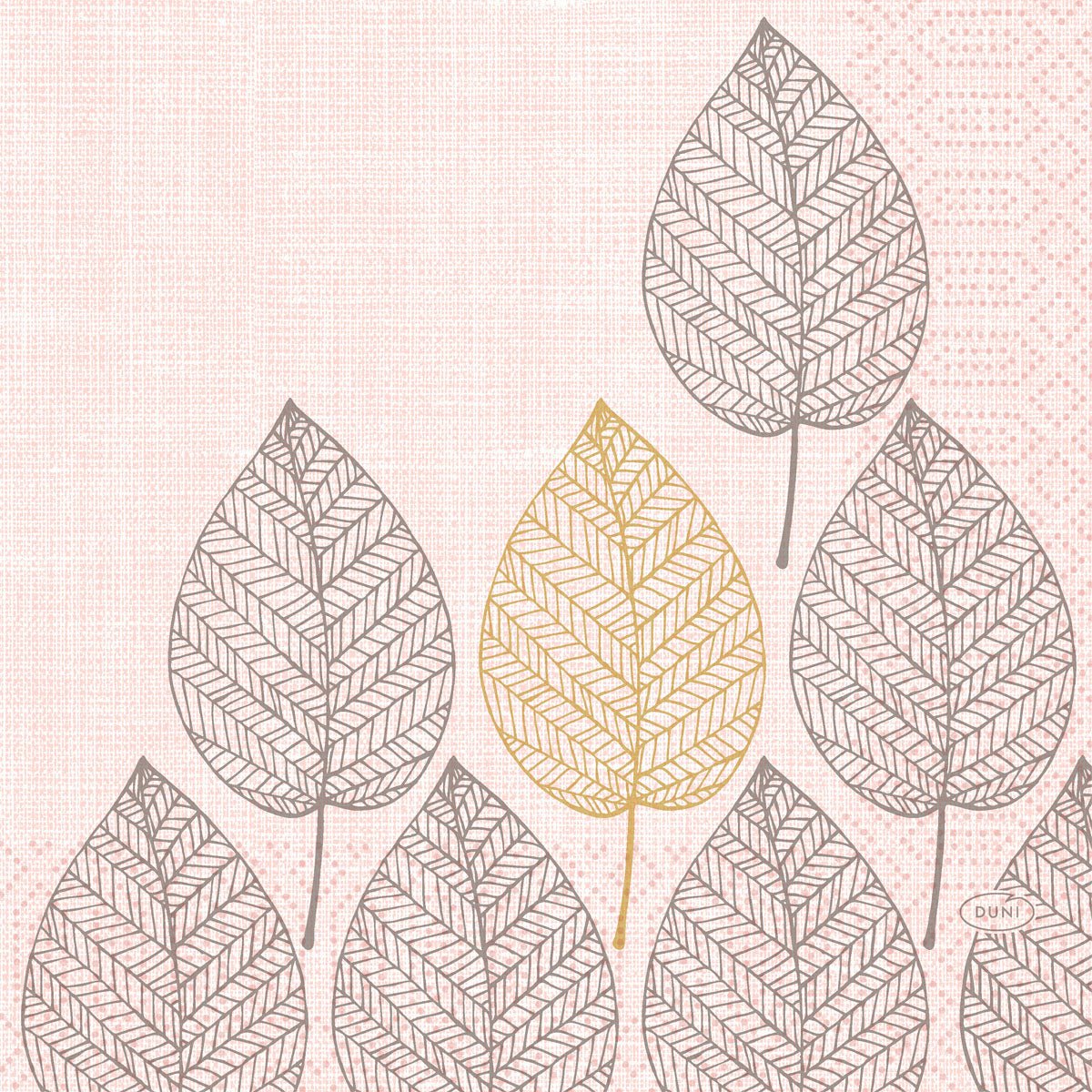 The napkins 33x33 3-ply 1/4 Aspen from Duni GmbH feature bordered gray leaves and a central yellow leaf on a textured light pink background. This pack of 250 napkins adds elegance to any set table.