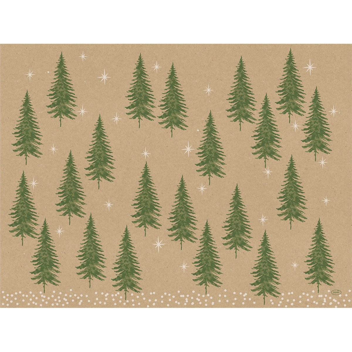 The paper placemats 30x40cm Humble Trees from Duni GmbH feature a brown, recyclable paper background with rows of green fir trees and white snowflakes, offering an eco-friendly, wintery design. Pack of 250 pieces.