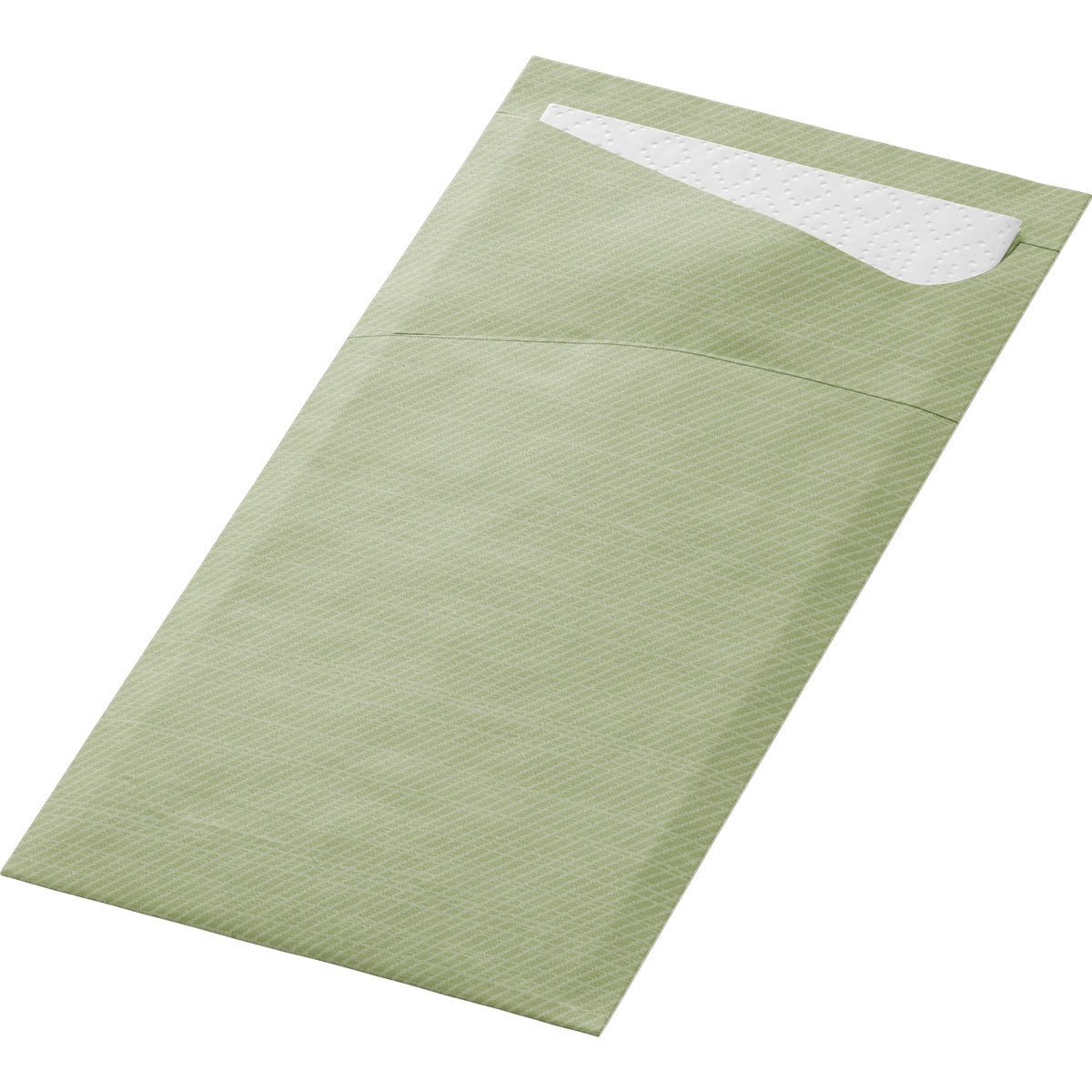 A pistachio green SACCHETTO 190x85 mm from Duni GmbH, a high-quality carrier bag in environmentally friendly packaging, pack of 100 pieces, on a white background with a partially visible white sheet.
