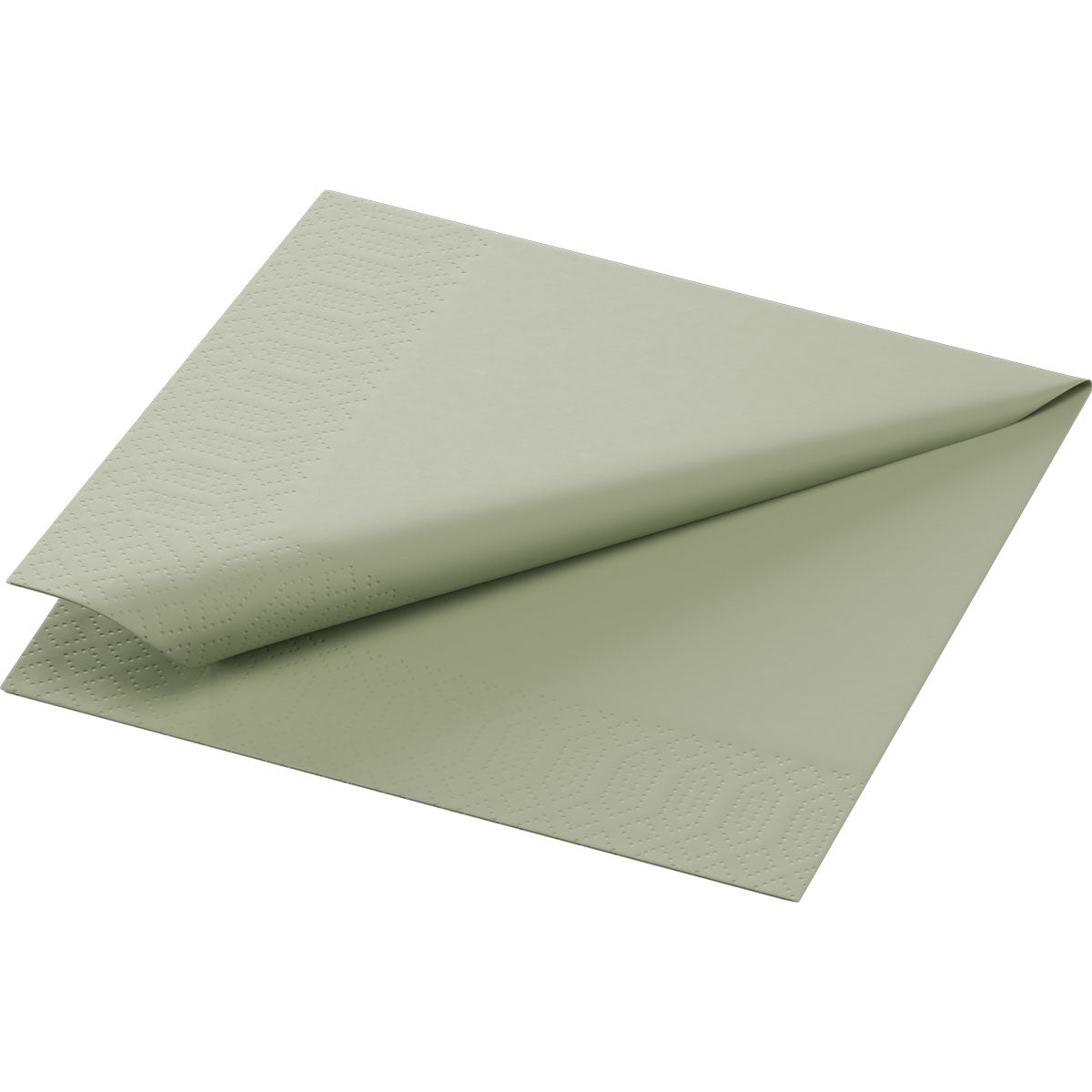A single-ply Zellt.-Serv.24x24 3-ply 1/4 pistachio green napkin from Duni GmbH is partially unfolded and shows its finely embossed edges - ideal for stylish gastronomy; package contains 250 high-quality paper napkins.
