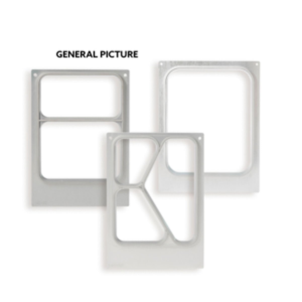 Three metal frames with different cutouts, perfect for storage or use with Duni GmbH cassette DF10/20 2-CAV for Ronda narrow | Carton (1 pack), are depicted on a white background with "GENERAL PICTURE" above the left frame.